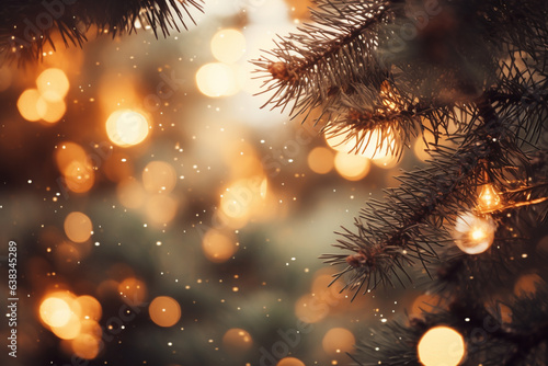 Delicate Bokeh Lights Creating a Magical Atmosphere Amongst Pine Needles , Christmas tree branches, bokeh Generative AI
