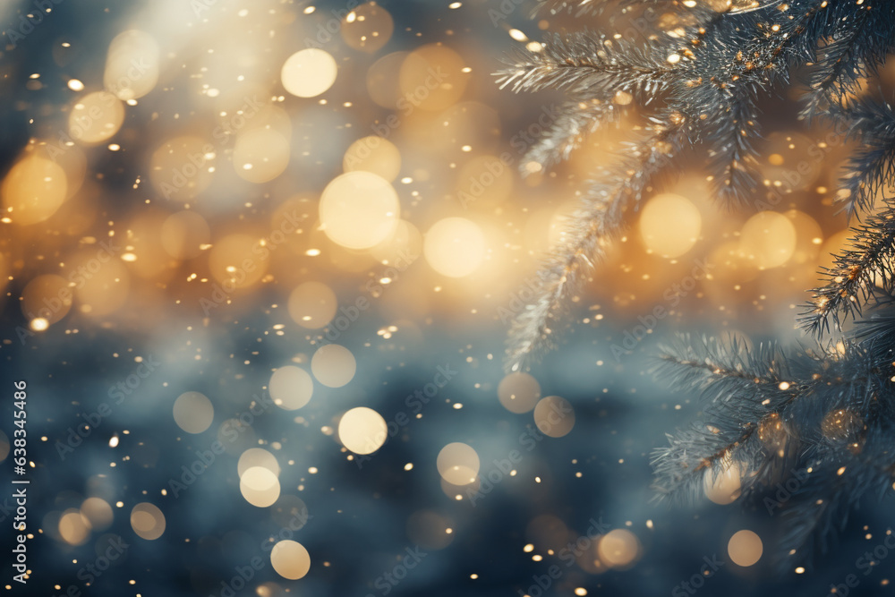 Fototapeta premium Glittering Lights Creating a Mesmerizing Backdrop for Christmas Tree Needles , Christmas tree branches, bokeh 