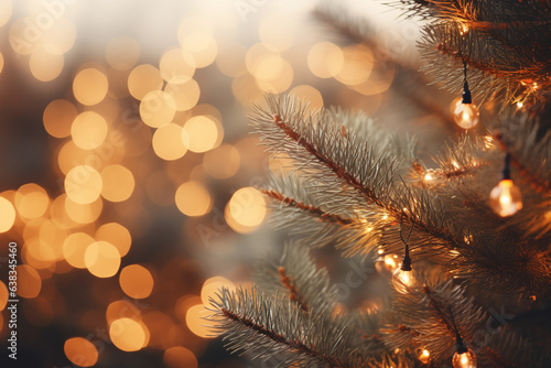 Glittering Lights Creating a Mesmerizing Backdrop for Christmas Tree Needles , Christmas tree branches, bokeh 