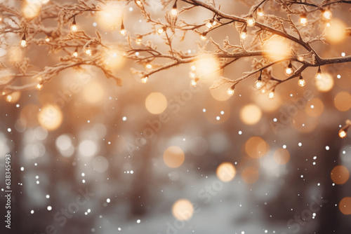 Magical Bokeh Lights Dancing Amongst Snow-Covered Tree Branches , Christmas tree branches, bokeh   © Катерина Євтехова