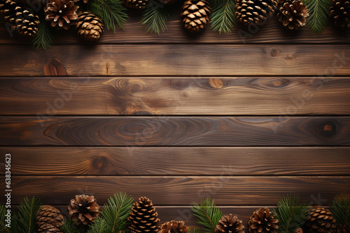 Wooden Planks with Twinkling Lights and Pinecones Creating a Cozy Holiday Display , Christmas tree branches background on wood texture, top view Generative AI