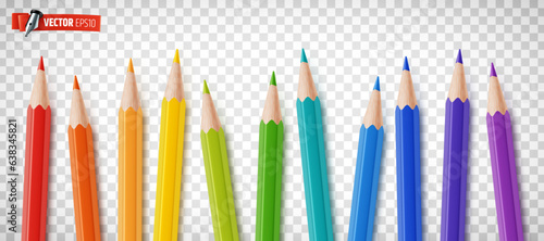 Vector realistic illustration of colored pencils on a transparent background.
