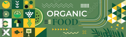 Organic food banner in flat style. Fruits and cereals Abstract geometric retro shapes .Great for flyer, web poster, natural products presentation templates, cover design.
