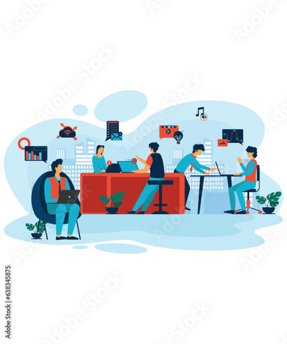 Lazy Flat Art Working Illustration Of 6 Company People Solving On Business Problems