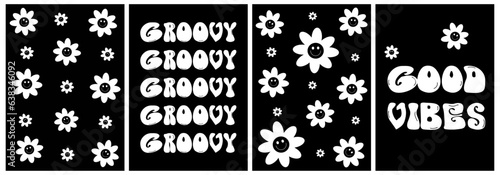 Groovy flowers daisy set.Y2k aesthetic.Groovy backgrounds.Vector cards in retro psychedelic style. 