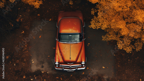 Vintage american car with autumn leaves on the roof