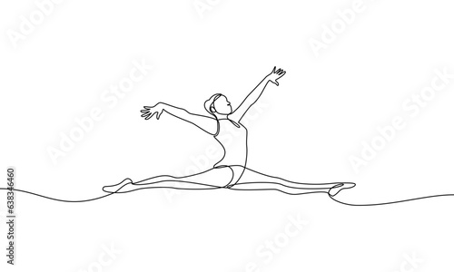 Continuous line drawing. Girl gymnast in twine. ARTISTIC GYMNASTICS. Physical sports exercises. Vector linear illustration, outline, contour