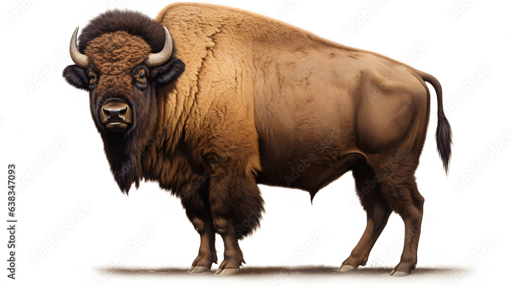 adult bison standing on a white background casting a shadow adult bison standing on a white background casting a shadow