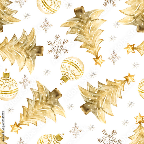 Watercolor Christmas seamless pattern gold Christmas trees, toy, ball on white background.