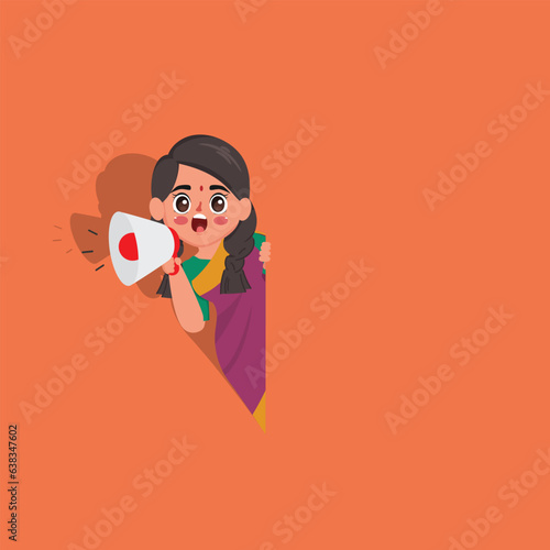 Tamil woman is talking with megaphone. Young indian woman wearing saree. Business woman cartoon character design.