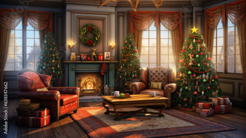 Christmas, New Year interior with red brick wall background, decorated fir tree with garlands and balls, dark drawer and deer figure © Olga