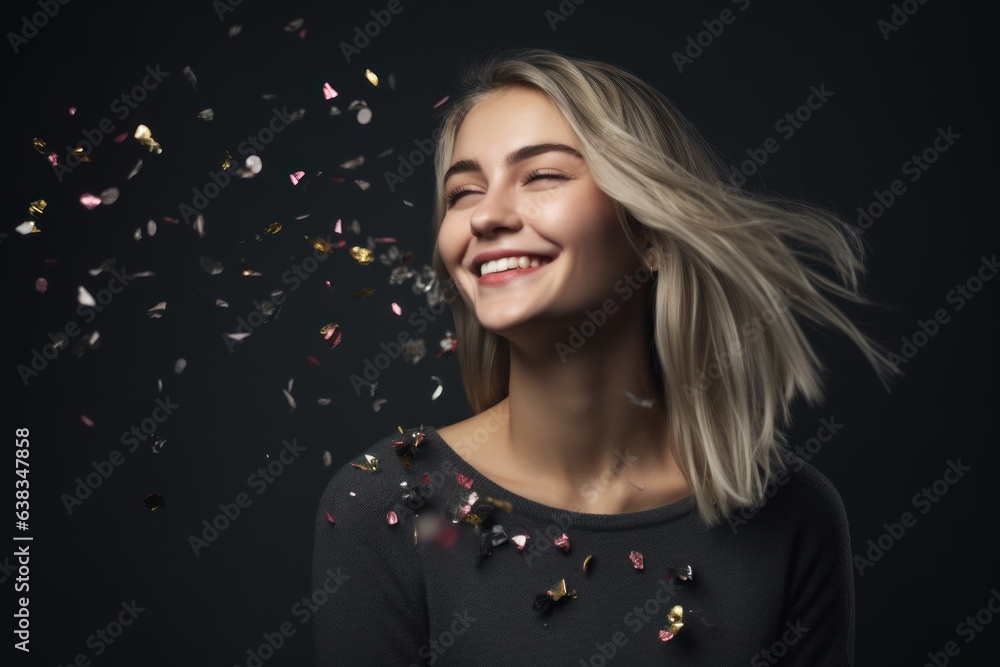 Portrait of beautiful young woman with flying confetti on black background Portrait of beautiful young woman with flying confetti on black background