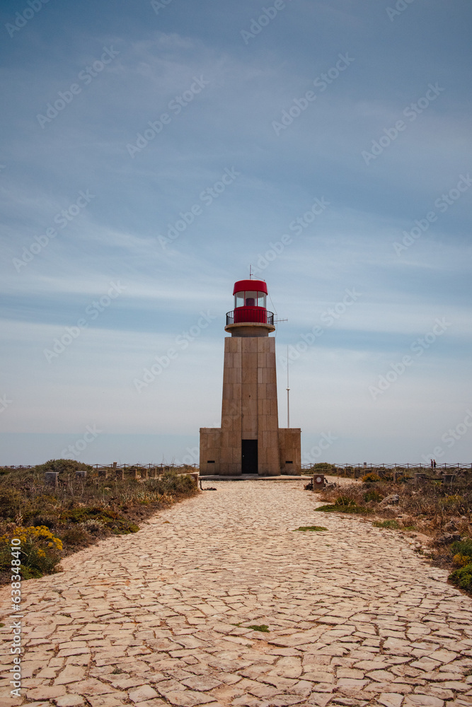 Sagres Fortress lighthouse on a blue sky day