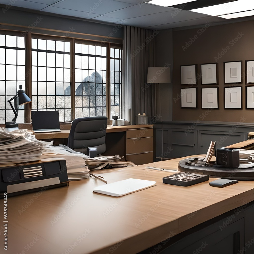 An insanely detailed and intricate 16k cinematic photograph of a hyper maximalist messy office workspace. AI generated