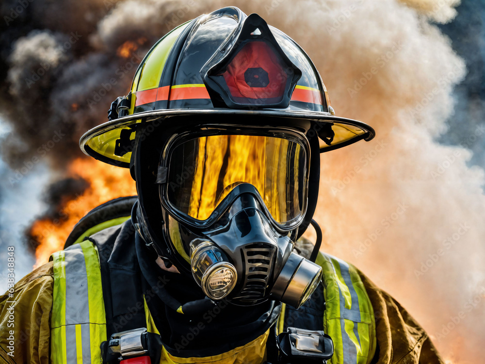 Obraz premium photo of firefighter with big fire cloud and smoke in background, generative AI