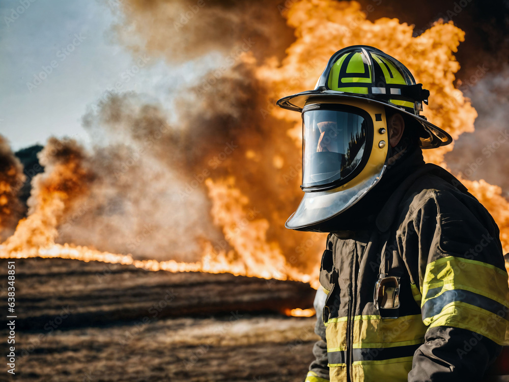 Obraz premium photo of firefighter with big fire cloud and smoke in background, generative AI