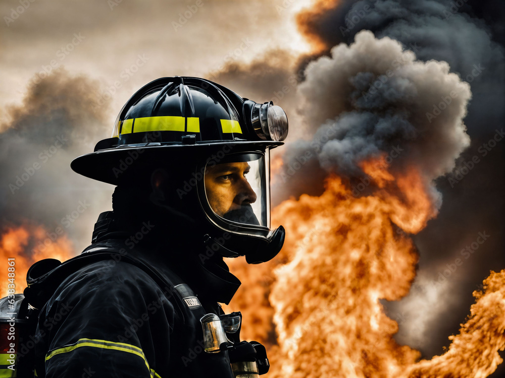 photo of firefighter with big fire cloud and smoke in background, generative AI photo of firefighter with big fire cloud and smoke in background, generative AI