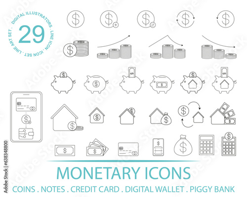 Monetary Icon Coin Treasury Loan House Credit Card Digital Wallet Piggy Bank Reload Money Transfer Icon Set editable stroke outline line illustration