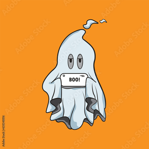 vector illustration character lazy ghost holding name tag on orange background