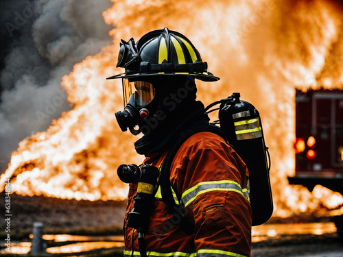 photo of firefighter with big fire cloud and smoke in background  generative AI