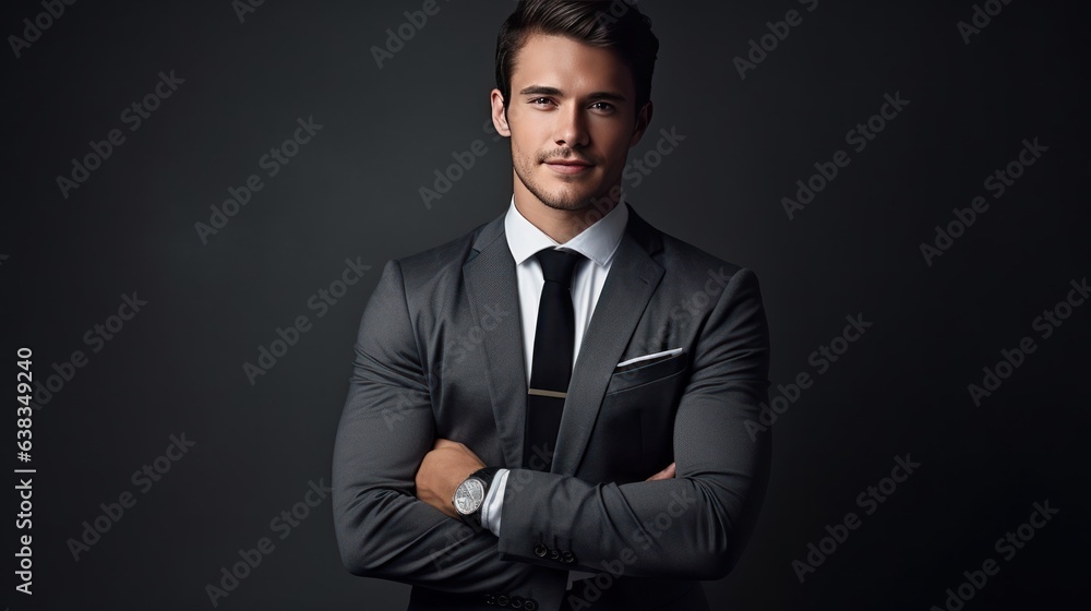 Successful businessman with crossed arms stands on a dark background. Successful businessman with crossed arms stands on a dark background.