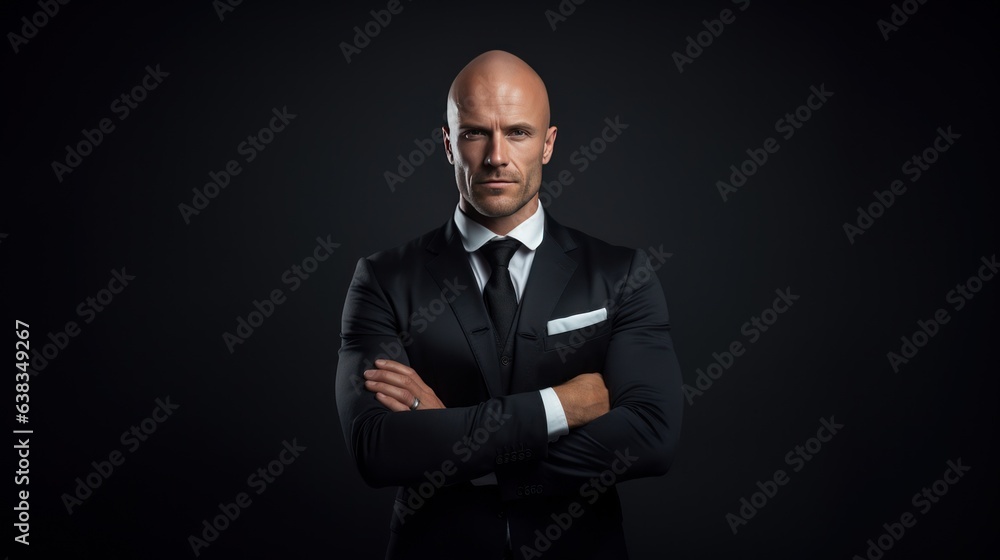 Successful businessman with crossed arms stands on a dark background. Successful businessman with crossed arms stands on a dark background.