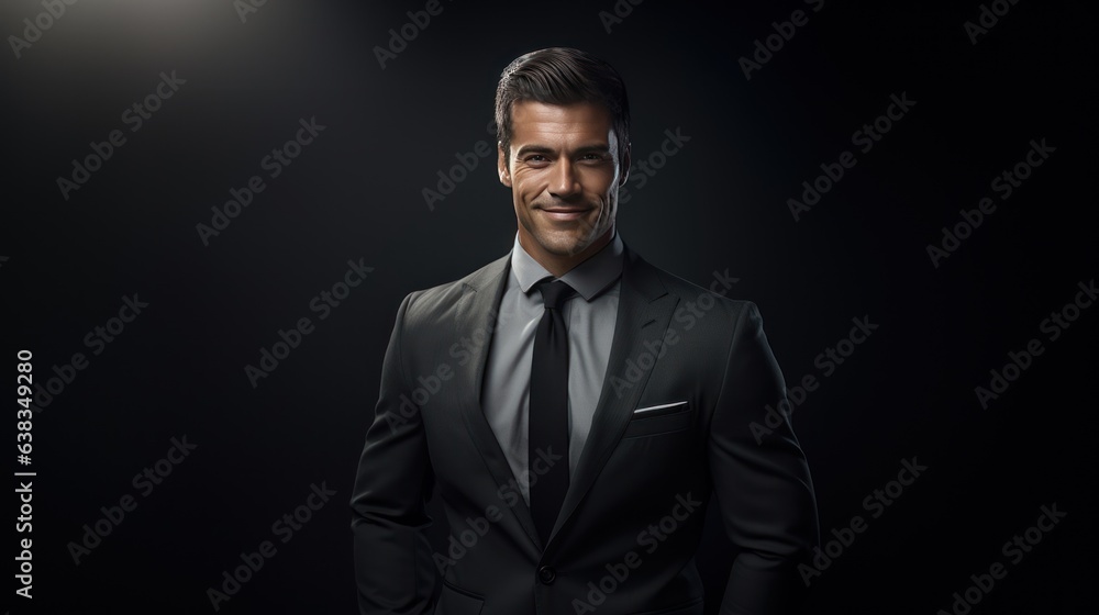 Obraz premium Successful businessman with crossed arms stands on a dark background.
