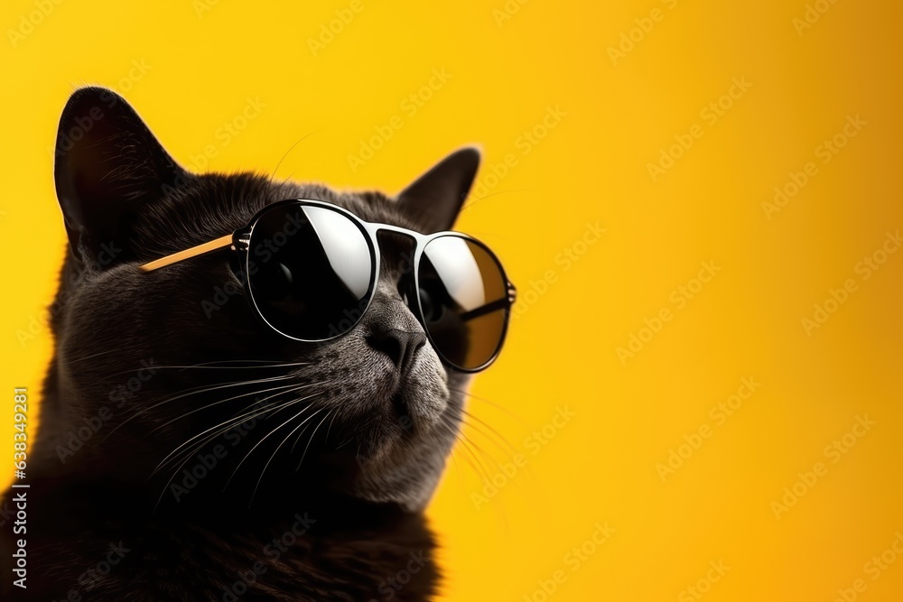 Closeup portrait of black british furry cat in fashion sunglasses. Funny pet on bright yellow background. Kitten in eyeglass. Fashion, style, cool animal concept with copy space - obrazy, fototapety, plakaty 