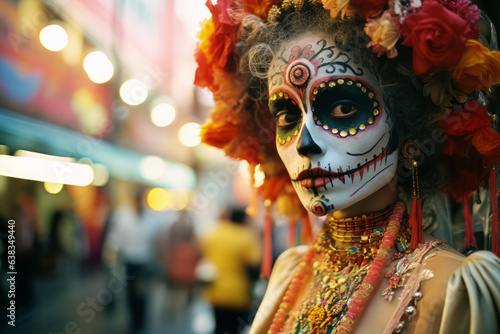Close-up portrait of woman with Day of The Dead makeup and outfit. Dia De Los Muertos, La Calavera Catrina. © Bisams