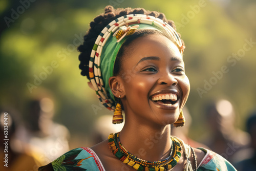 Portrait of beautiful young African woman wearing traditional clothes and head wrap on nature background.