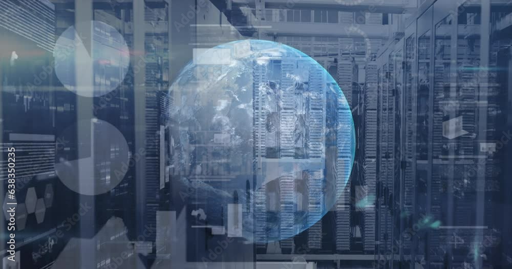 Animation of interface with statistical data processing over globe against computer server room Animation of interface with statistical data processing over globe against computer server room