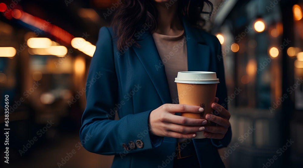 A cup of coffee in the hand of a businesswoman.