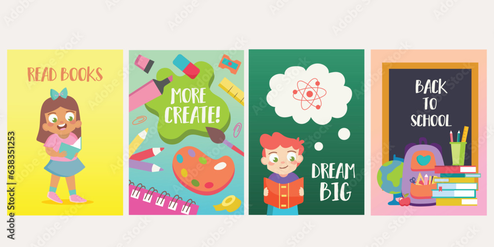 Back to school posters in flat design. Vibrant back-to-school banner with four colorful posters in flat design elements for exciting promotions. Vector illustration. Back to school posters in flat design. Vibrant back-to-school banner with four colorful posters in flat design elements for exciting promotions. Vector illustration.