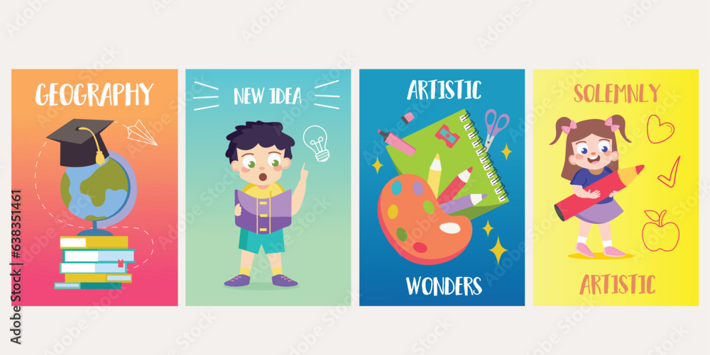Back to school posters in flat design. Colorful background adorned with flat design elements for a lively 'Back to School' ambiance. Vector illustration.