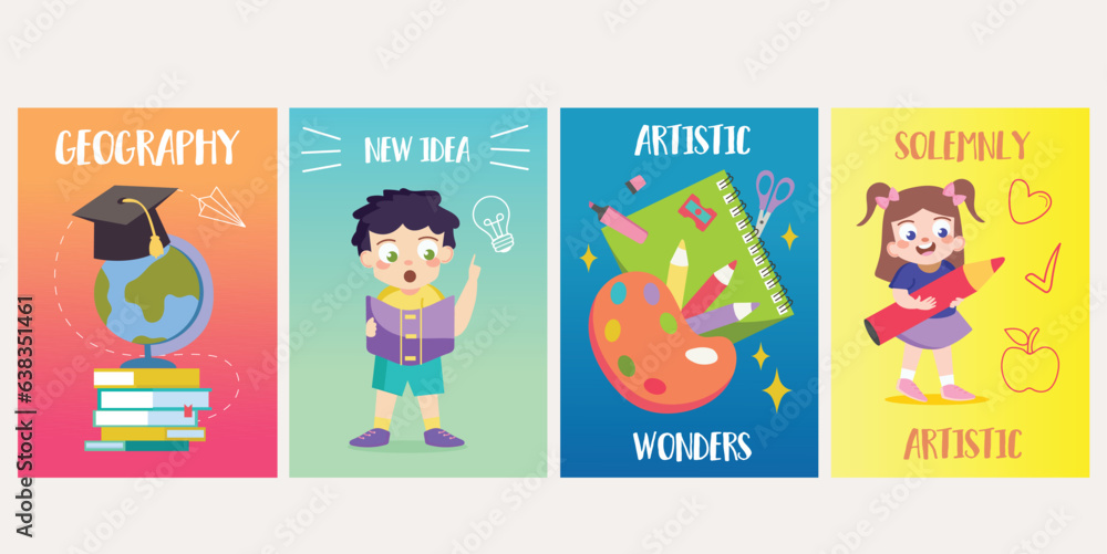 Back to school posters in flat design. Colorful background adorned with flat design elements for a lively 'Back to School' ambiance. Vector illustration. Back to school posters in flat design. Colorful background adorned with flat design elements for a lively 'Back to School' ambiance. Vector illustration.