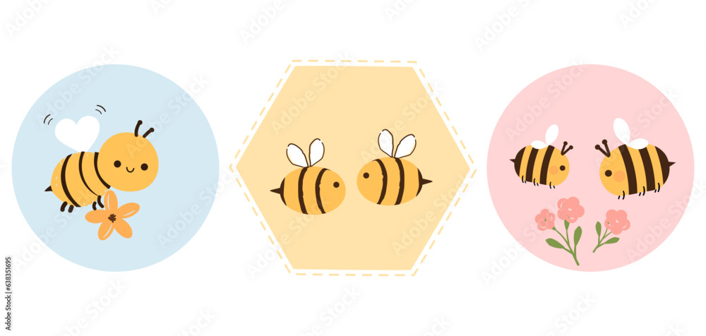 Bee cartoons and flower on circle and hexagon sign isolated on white background.