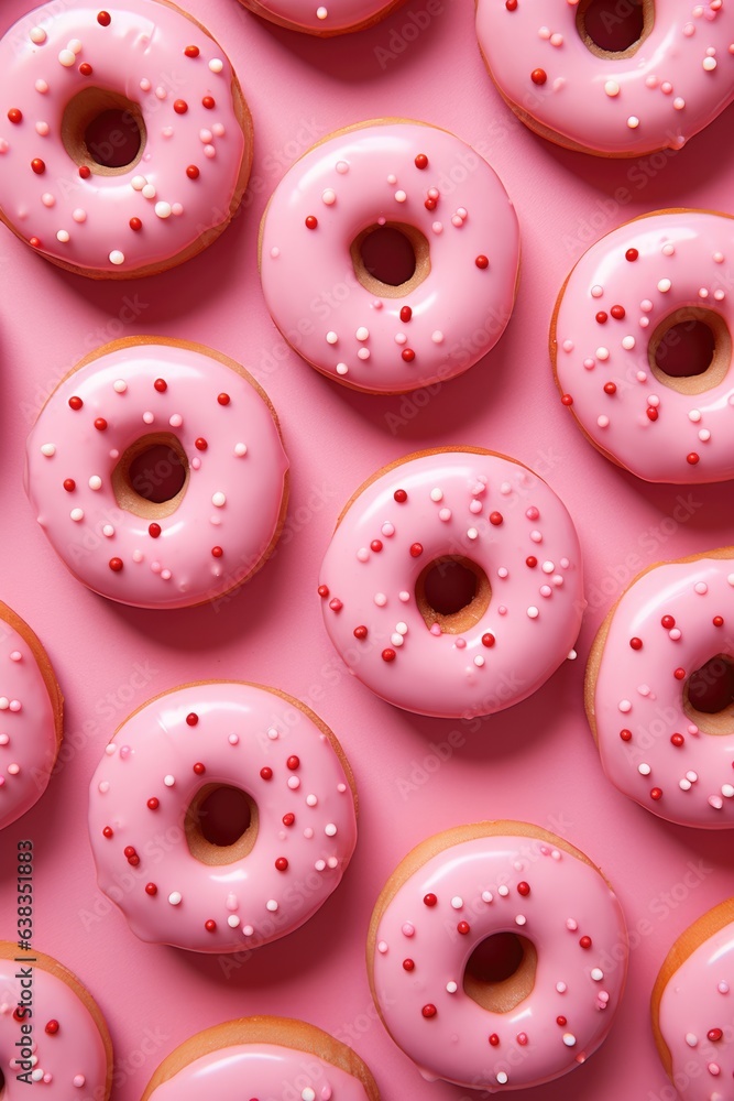 Donuts pattern with icing on pastel pink background. Sprinkled sweet and colourful glazed doughnut. Flat lay. Vertical food concept Donuts pattern with icing on pastel pink background. Sprinkled sweet and colourful glazed doughnut. Flat lay. Vertical food concept