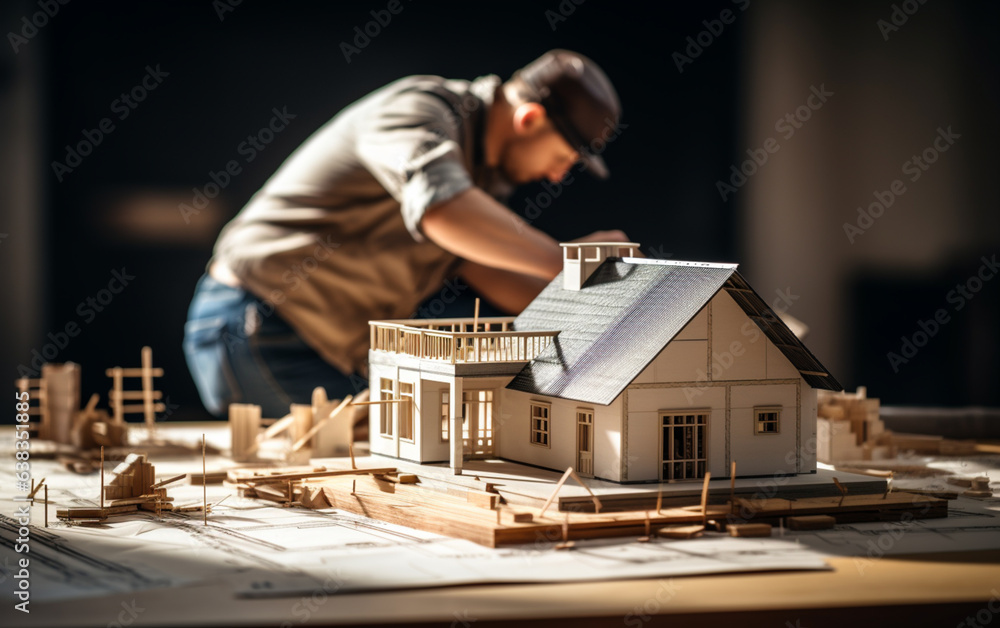 building house on blueprints with worker - construction project building house on blueprints with worker - construction project
