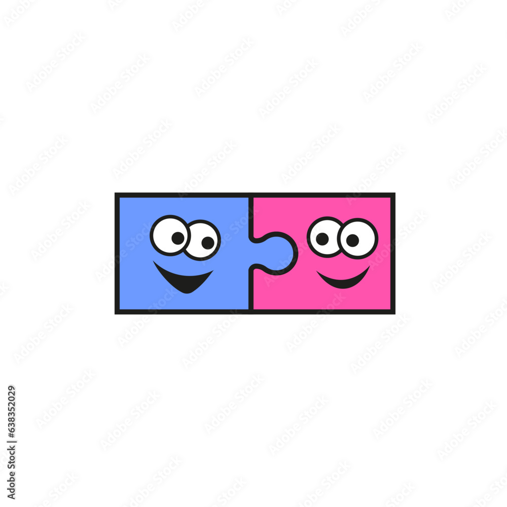 Two cartoon puzzle pieces with funny faces joined together. Two cartoon puzzle pieces with funny faces joined together.