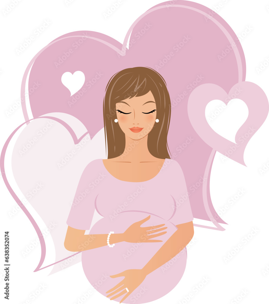 Pretty Blonde Pregnant woman illustration with pink hearts background Pretty Blonde Pregnant woman illustration with pink hearts background