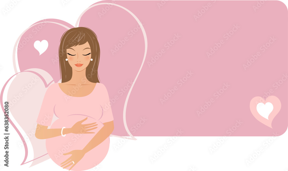 Pretty brown haired Pregnant woman illustration with custom text heart pink box Pretty brown haired Pregnant woman illustration with custom text heart pink box