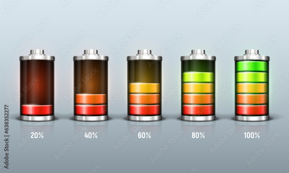 Different battery charge from minimal to full. Vector illustration. Different battery charge from minimal to full. Vector illustration.