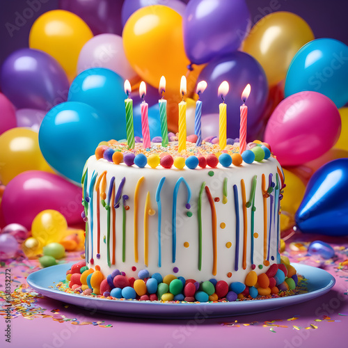 happy birthday cake with candles balloons and confetti background macro photography