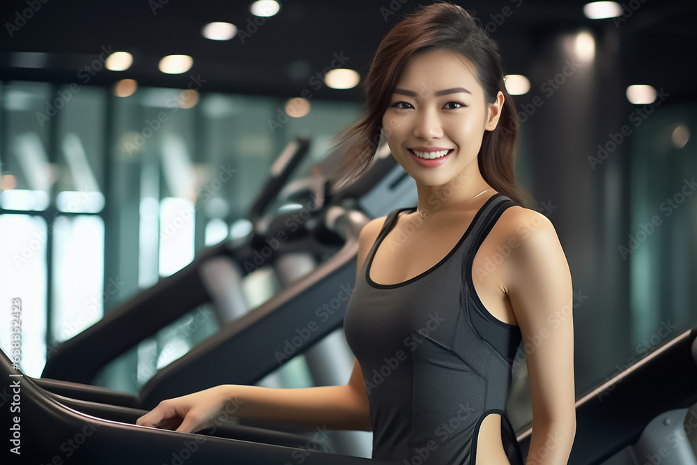 Fitness woman standing on a treadmill in health club. Young smiling athlete in black sportswear in the gym. Generative AI.