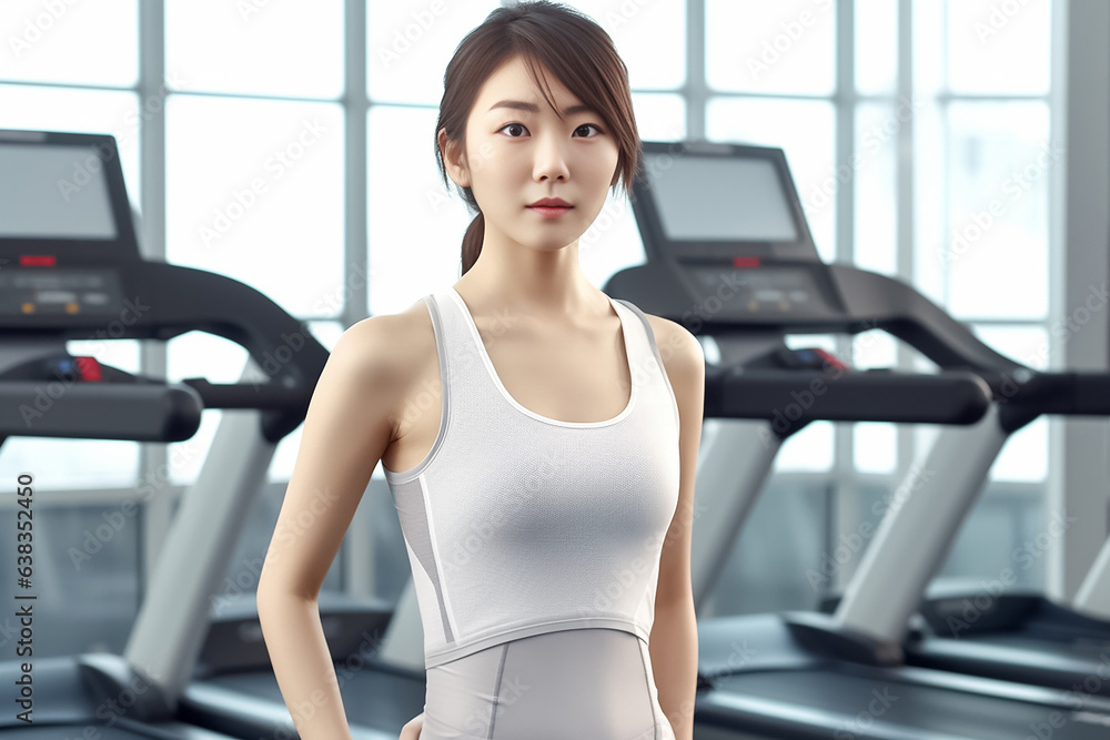Fitness woman standing on a treadmill in health club. Young smiling athlete in black sportswear in the gym. Generative AI. Fitness woman standing on a treadmill in health club. Young smiling athlete in black sportswear in the gym. Generative AI.