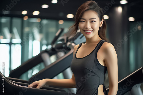 Fitness woman standing on a treadmill in health club. Young smiling athlete in black sportswear in the gym. Generative AI.