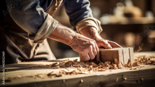 Carpenter working with equipment on wooden table in carpentry shop. woman works in a carpentry shop.