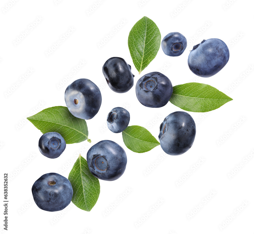 Many ripe blueberries and green leaves falling on white background Many ripe blueberries and green leaves falling on white background