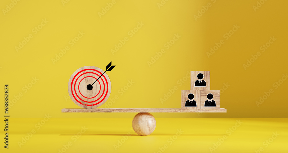 Obraz premium Red dartboard and black arrow connection linkage with human icon for customer focus target group and customer relation management concept.