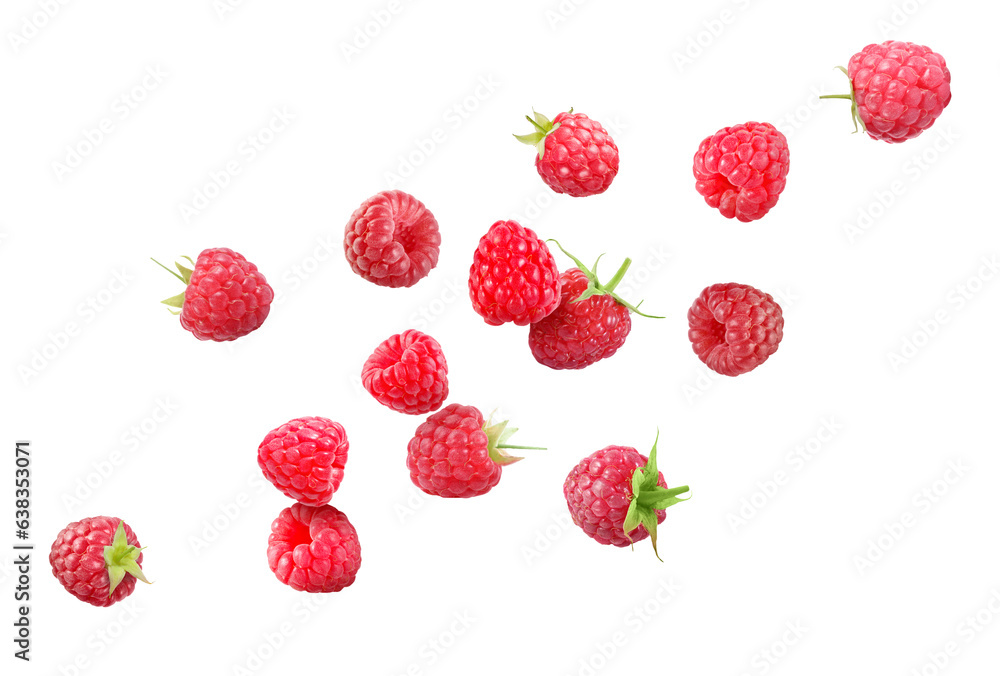Many fresh ripe raspberries falling on white background Many fresh ripe raspberries falling on white background